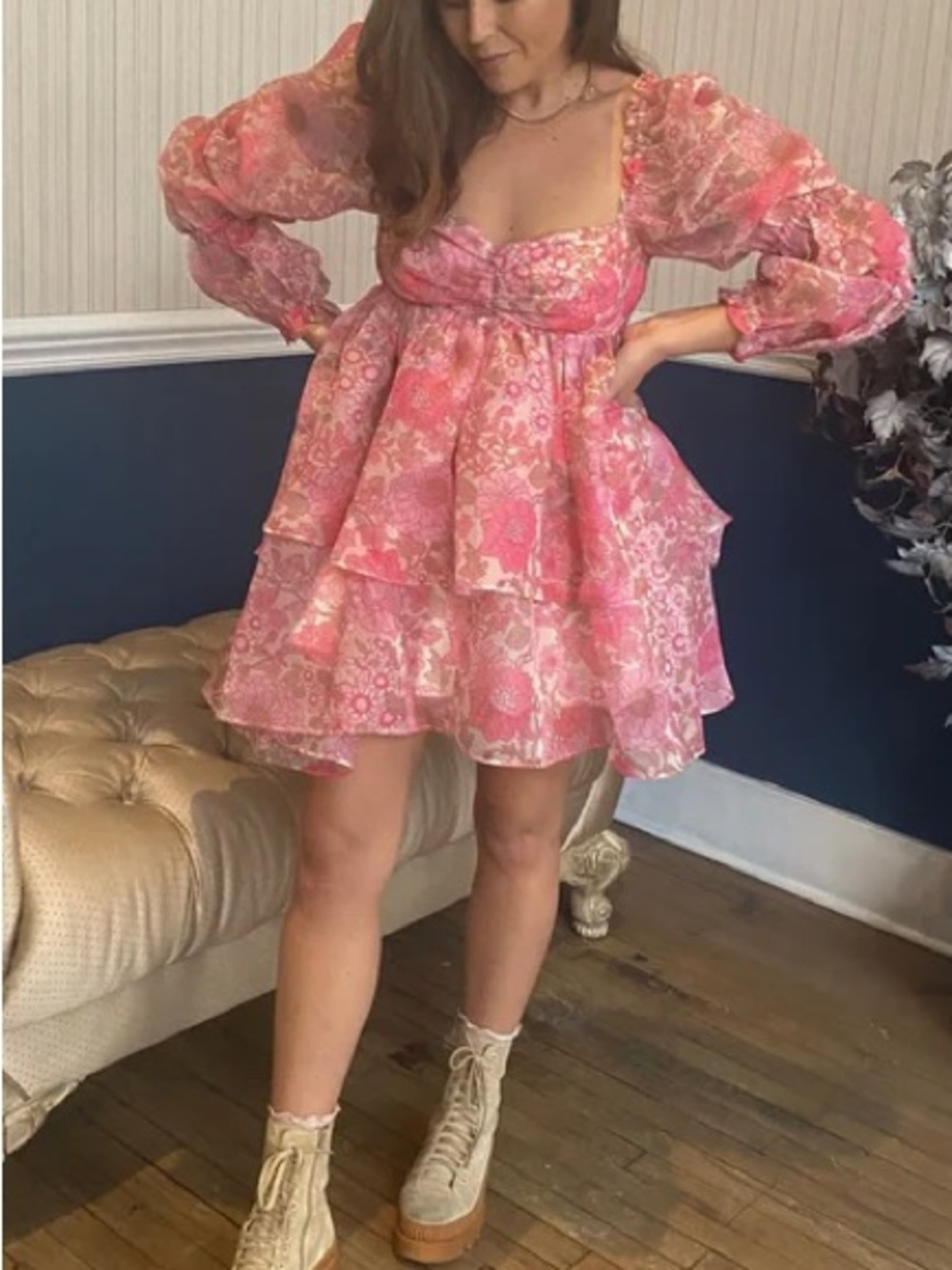 NWT SELKIE Moonlight Puff Wildflower Pink Floral Tiered Mini Dress L